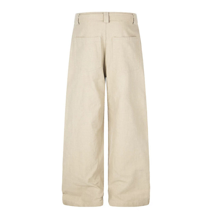 Damen Hochgeschnittene Leinen-Weitebein-Hose mit Knopfleiste, Bindegürtel und Bundfalten Drune