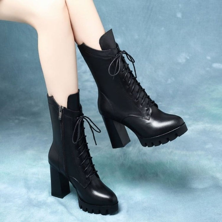 Damen Elegante Ankle Boots mit hohem Blockabsatz und Schnürung Drune