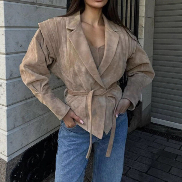 Damen Eleganter Blazer mit strukturierten Details und Taillengürtel Drune