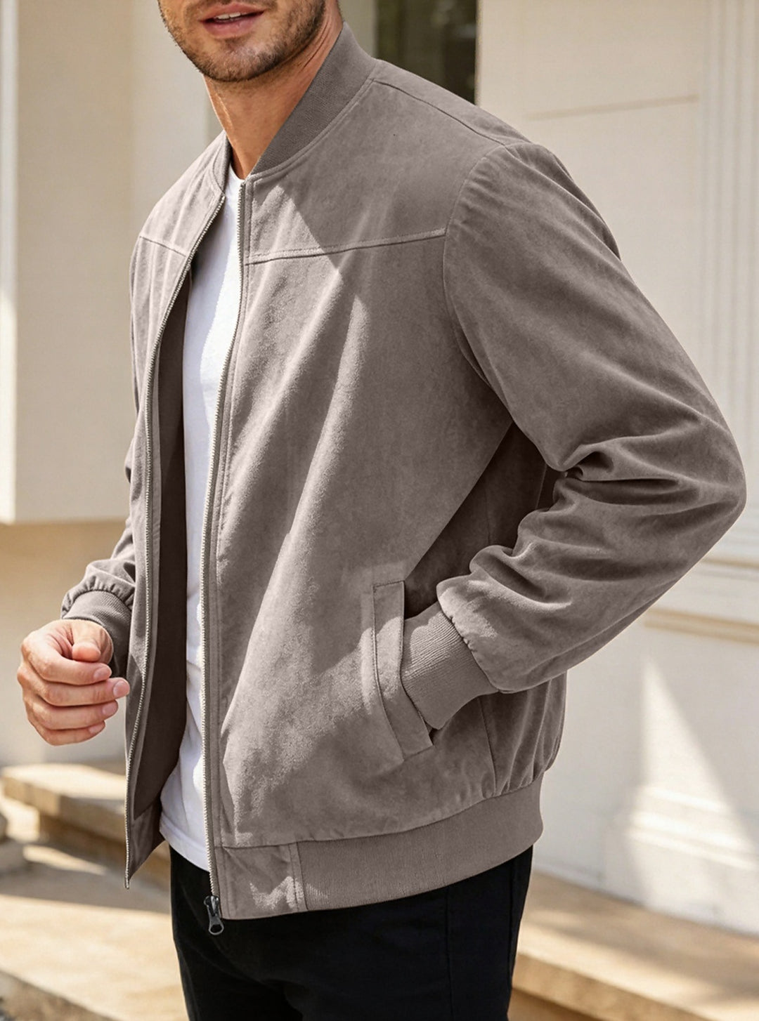 Herren Leichte Bomberjacke im Velours-Look mit Reißverschluss und Rippbündchen Drune