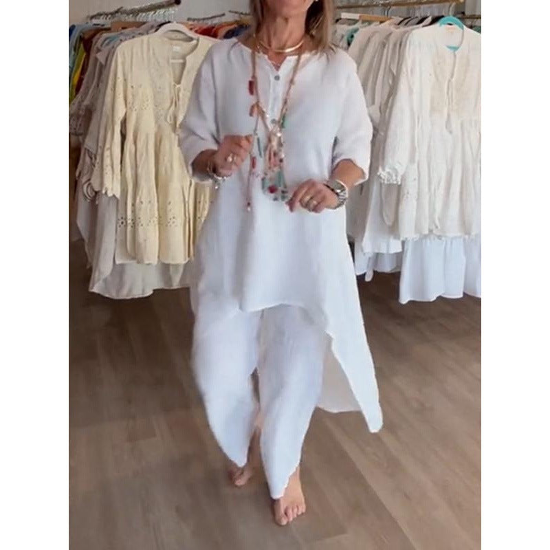 Damen Midilanges Leinen-Tunika-Set mit asymmetrischem Saum und weiter Palazzo-Hose Drune