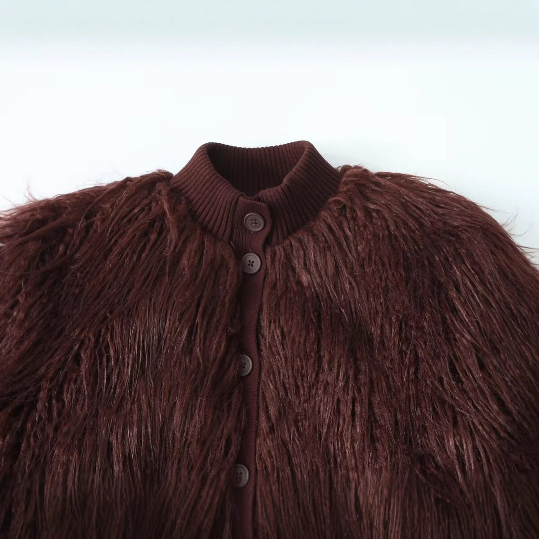 Damen Kurz geschnittene Shaggy-Faux-Fur-Strickjacke mit Rippkragen und Knopfleiste Drune