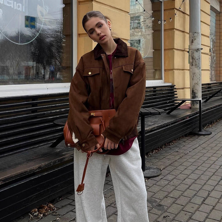 Damen Boxy-Suede-Blousonjacke mit Cordkragen und Teddyfutter Drune