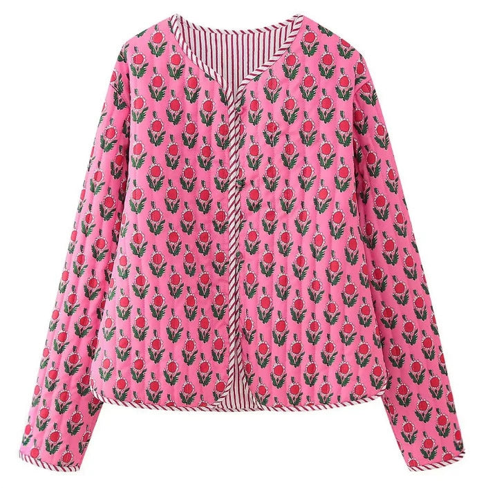 Damen Wattierte Jacke mit Blumenprint und gestreiften Paspeln Drune