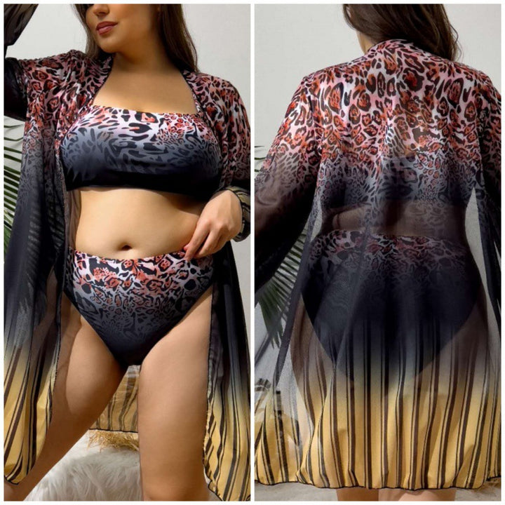 Damen Bikini-Set mit trendigem Leopardenmuster und eleganter Wickeljacke Drune