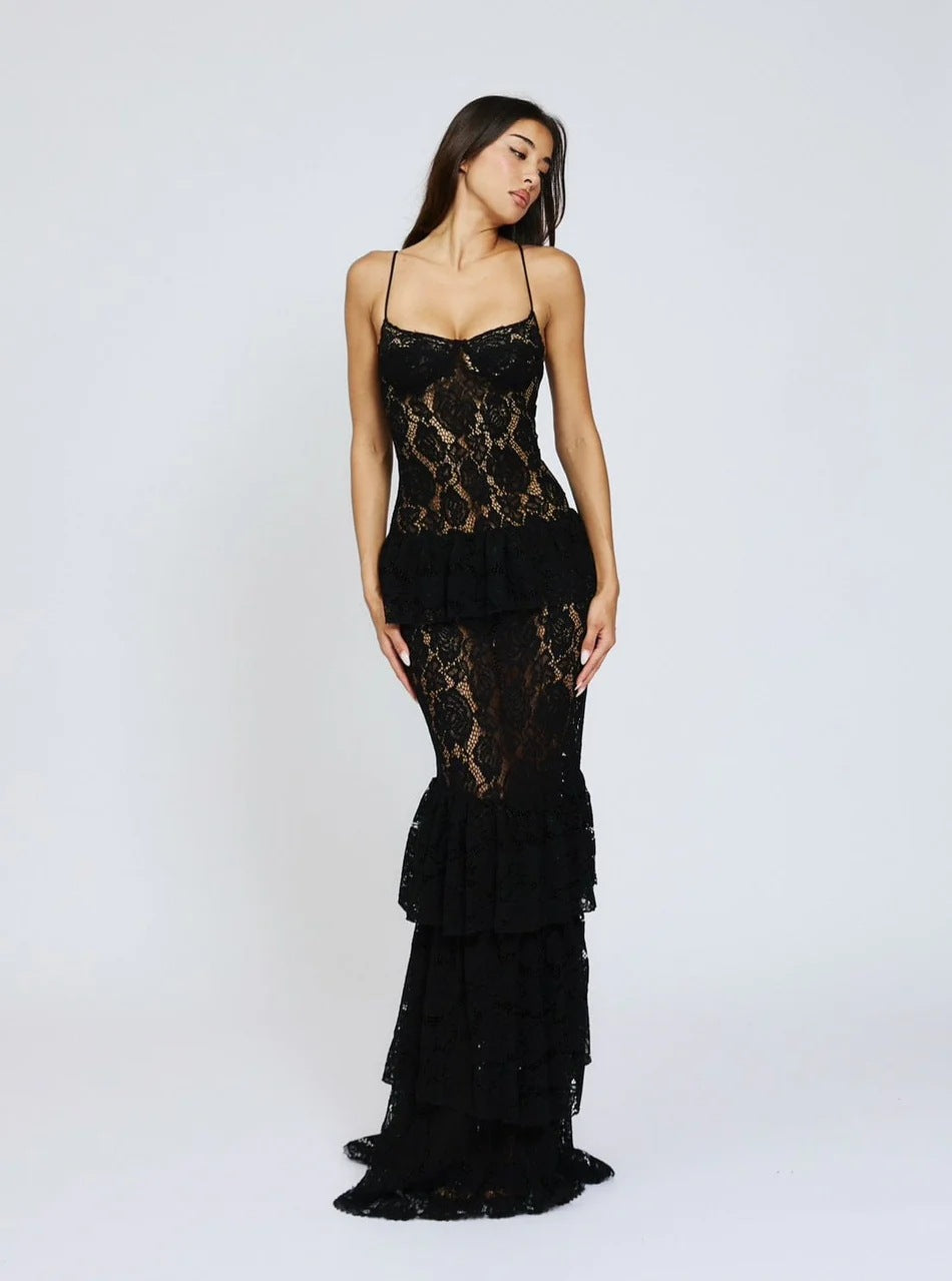 Damen Spitzen-Ballkleid mit Rüschendetails und figurbetontem Schnitt Drune