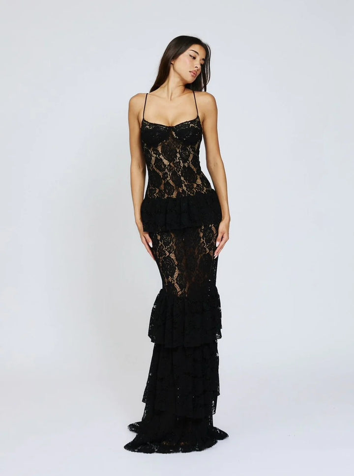 Damen Spitzen-Ballkleid mit Rüschendetails und figurbetontem Schnitt Drune