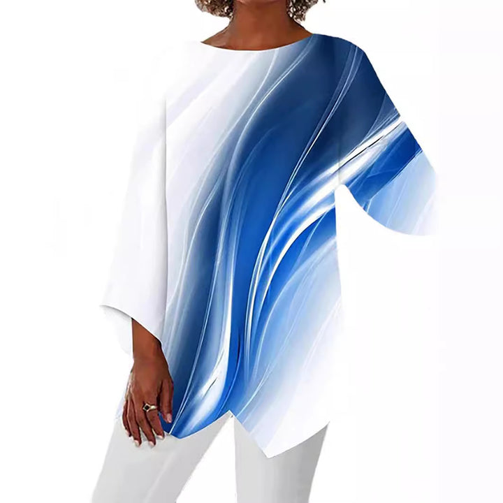 Damen asymmetrisches Langarmshirt mit Grafikdruck und Fledermausärmeln Drune