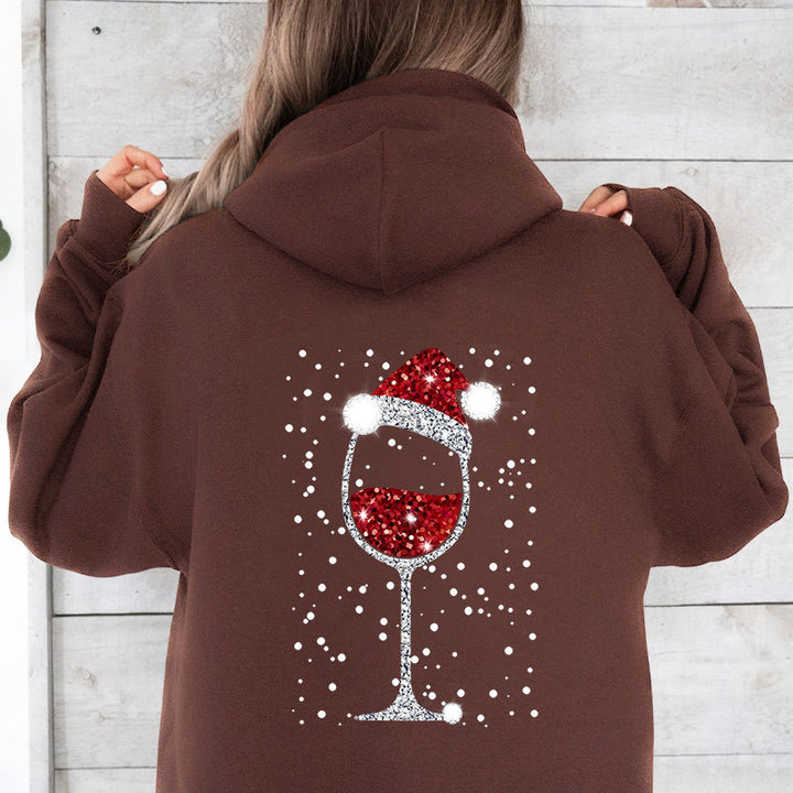 Damen Oversize Kapuzenpullover mit weihnachtlichem Glitzer-Weinglas-Print Drune