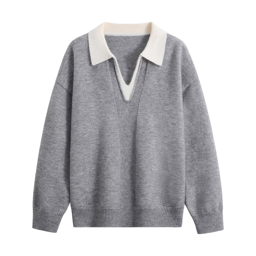 Damen Oversize-Polo-Strickpullover aus weichem Wollmix mit kontrastkragen und tiefem V-Ausschnitt Drune