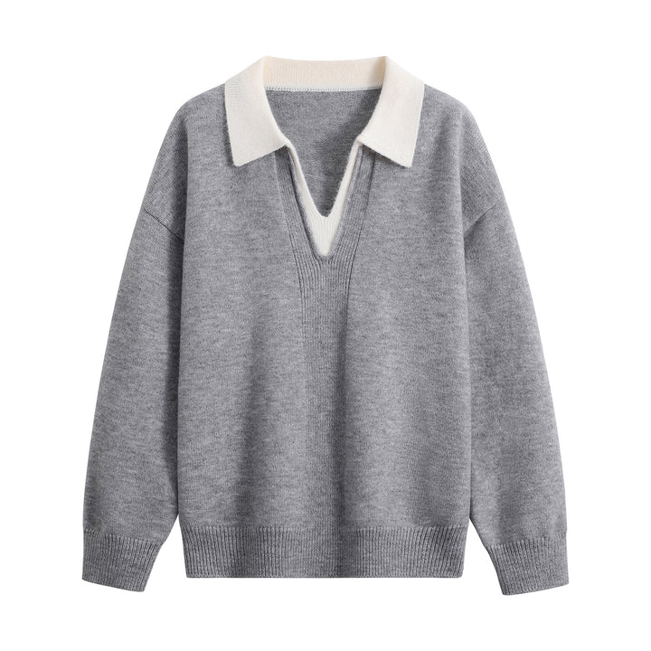 Damen Oversize-Polo-Strickpullover aus weichem Wollmix mit kontrastkragen und tiefem V-Ausschnitt Drune