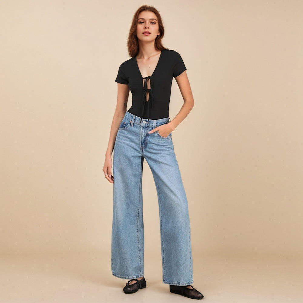 Damen Bodysuit mit modischem V-Ausschnitt und bindbarem Detail Drune