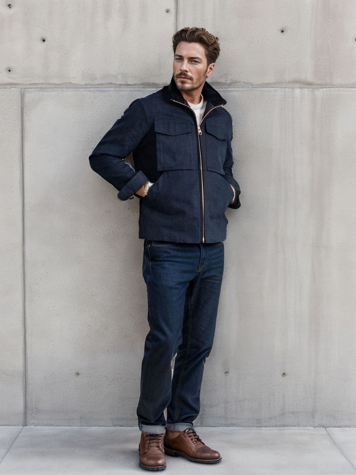 Herren Kurze Denim-Fieldjacke mit Stehkragen, Reißverschluss und aufgesetzten Brusttaschen Drune