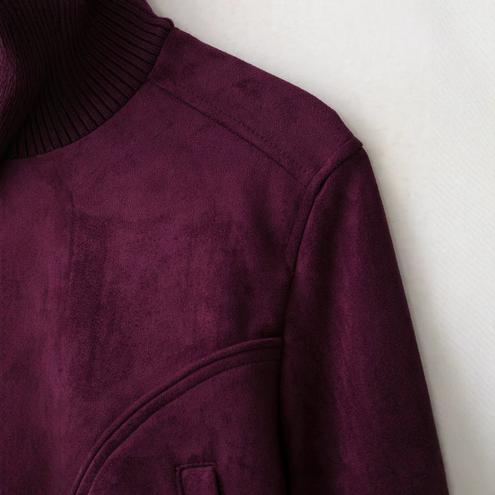 Damen Kurze Velours‑Optik‑Bomberjacke mit hohem Rippstehkragen und verdecktem Reißverschluss Drune
