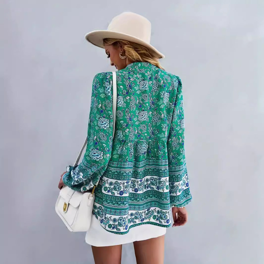 Damen Blusentop mit buntem Blumenmuster und Volantärmeln Drune