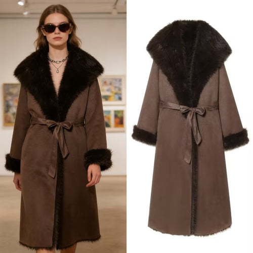 Damen Langer Lammfellimitat-Mantel mit Kapuze, Bindegürtel und Faux‑Fur‑Besatz Drune