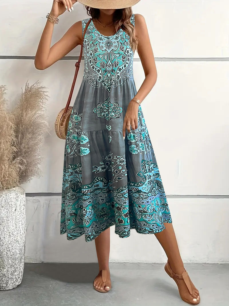 Damen Maxi-Kleid mit verspieltem Ethnomuster und schwingendem Schnitt Drune