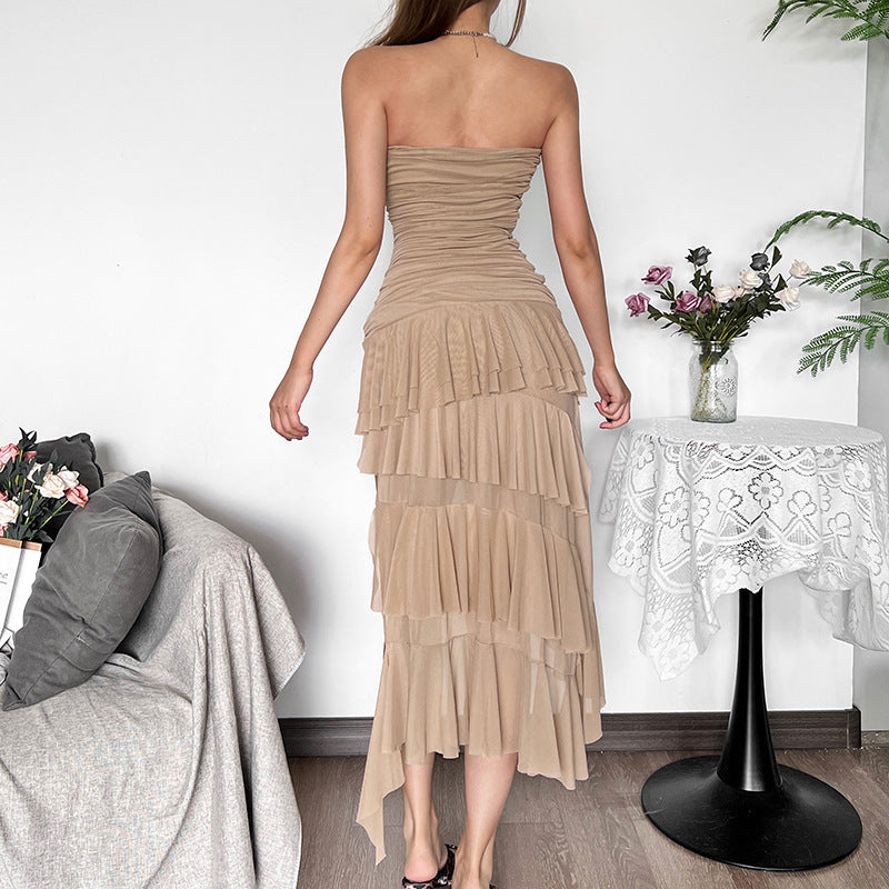 Damen Raffiniertes Maxi-Kleid mit schulterfreiem Design und voluminösem Rüschensaum Drune