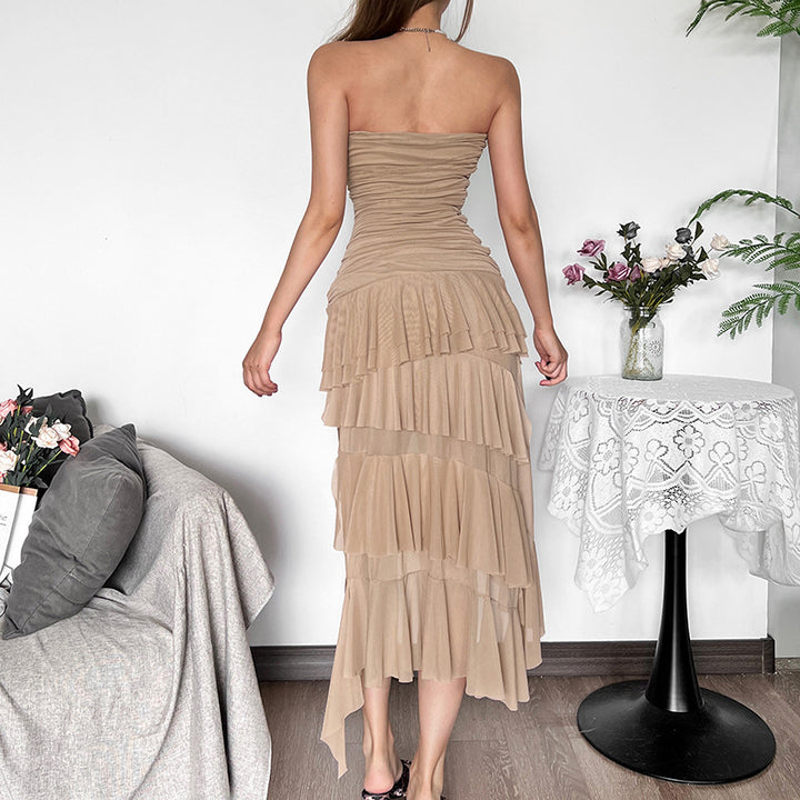 Damen Raffiniertes Maxi-Kleid mit schulterfreiem Design und voluminösem Rüschensaum Drune