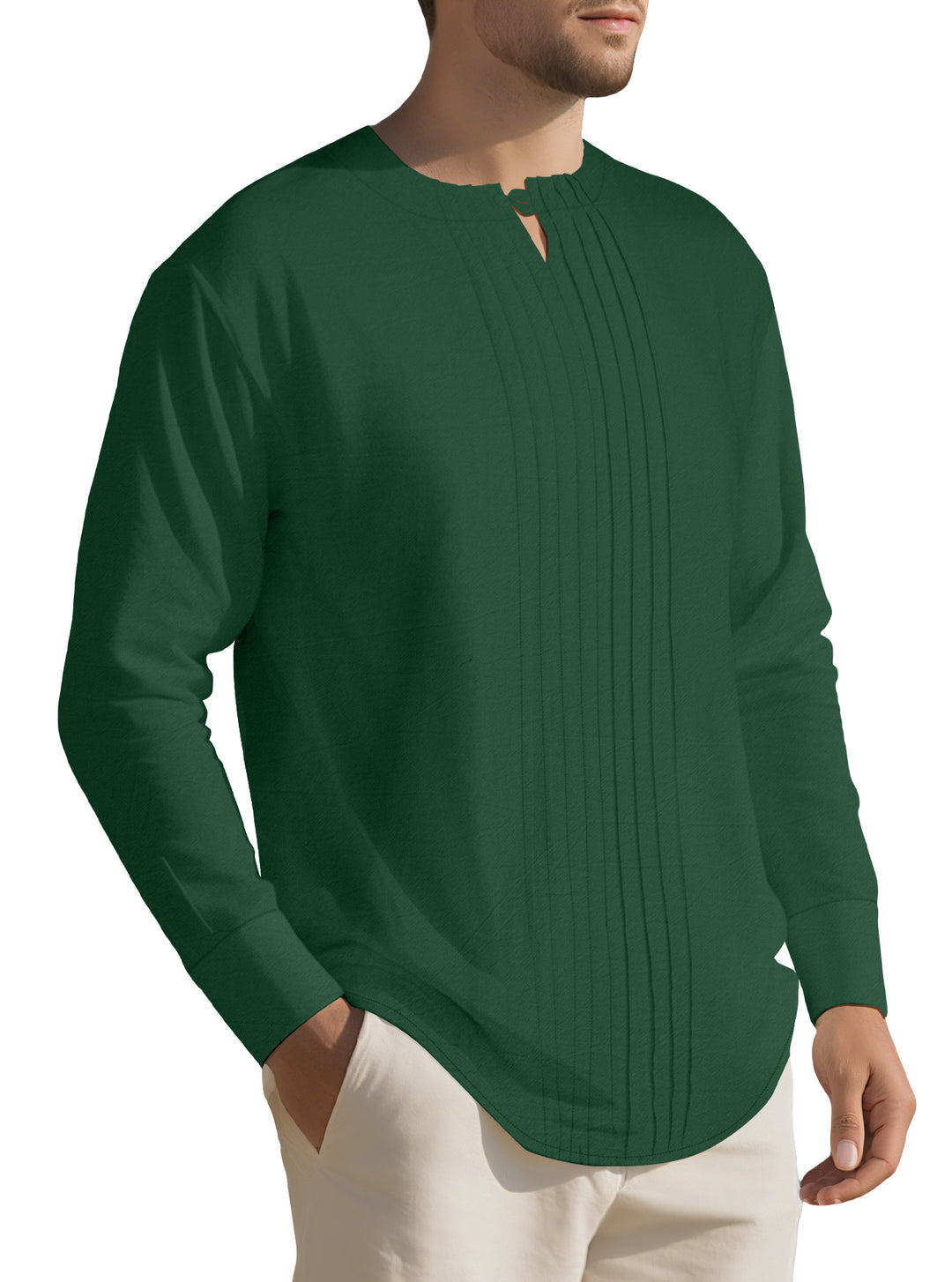 Herren Leichtes Langarmshirt im Leinenlook mit Stehkragen, Kellerfalten und Schlaufenverschluss Drune