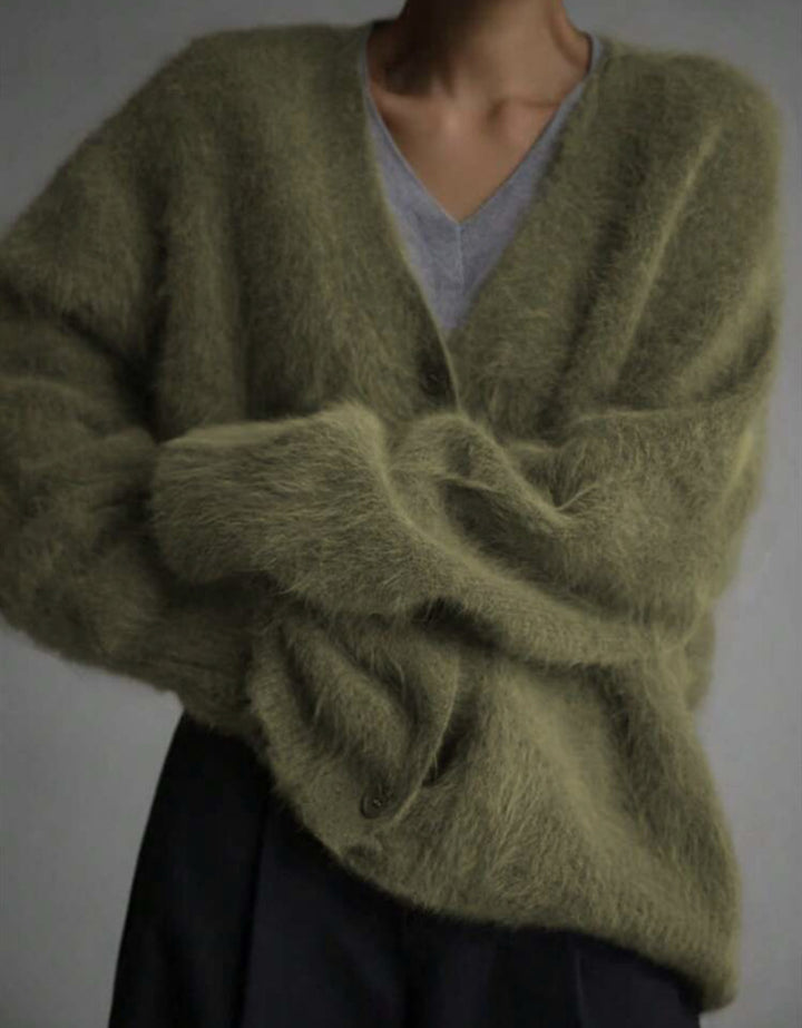 Damen Flauschiger Oversize-Knopfcardigan mit tiefem V-Ausschnitt und Eingrifftaschen Drune