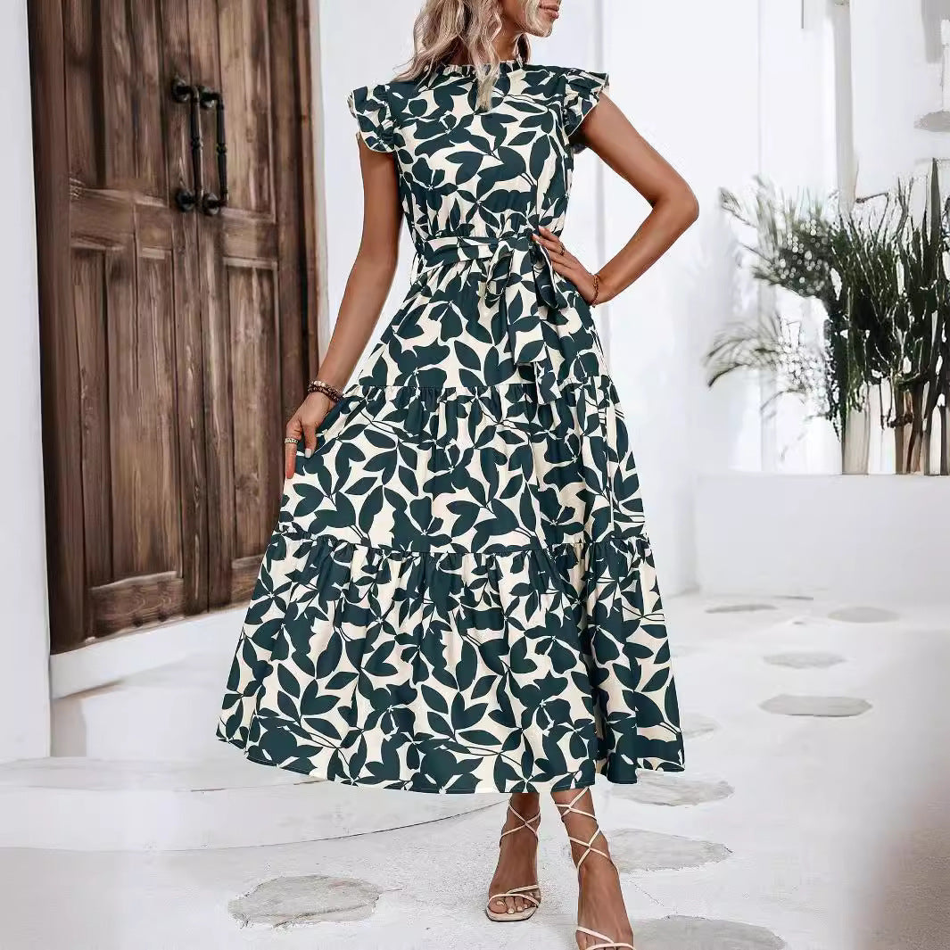 Damen Midikleid mit Stufenrock, geraffter Taillenbindung und Rüschenärmeln Drune