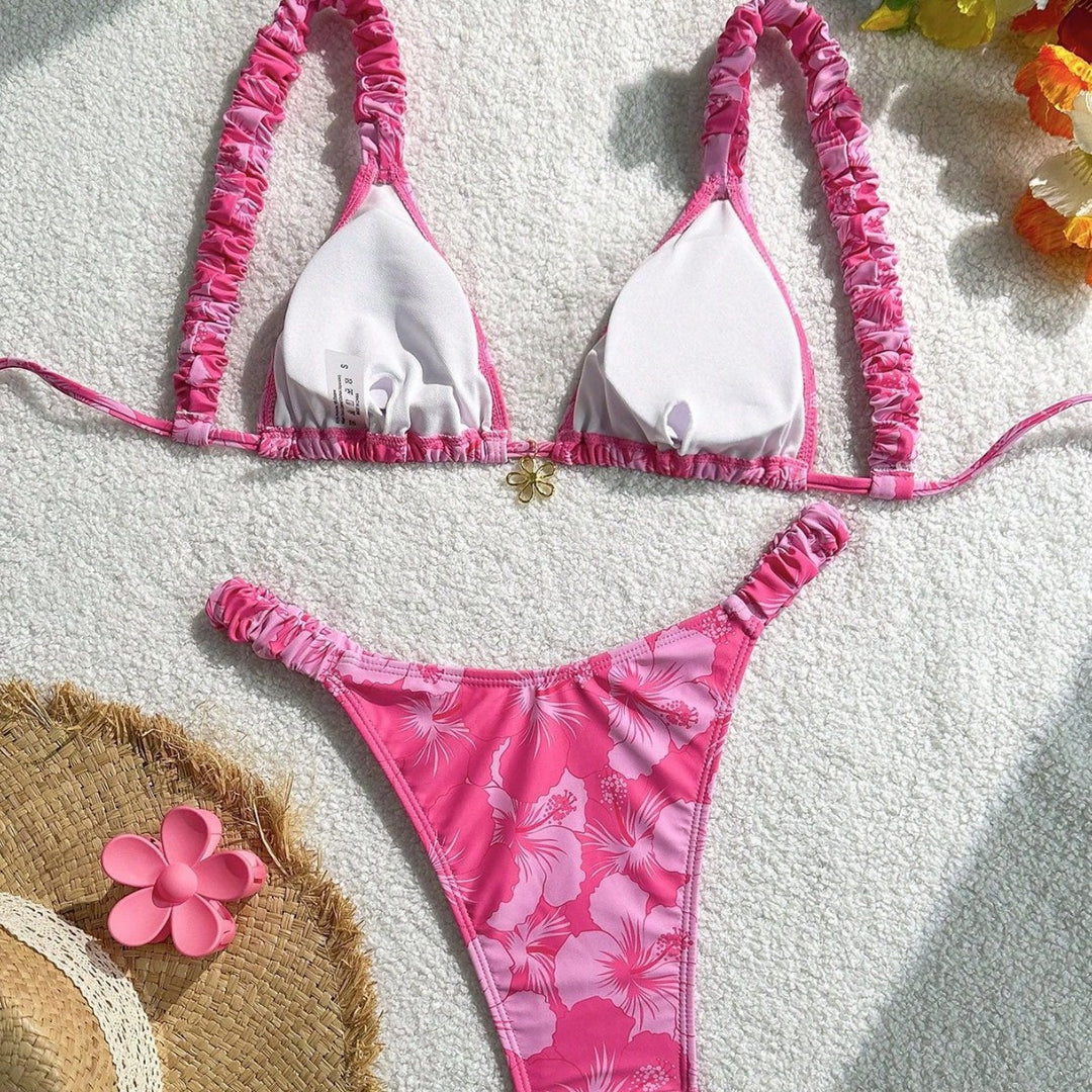 Damen Triangel-Bikini mit verstellbaren Bändern und buntem Blumenmuster Drune
