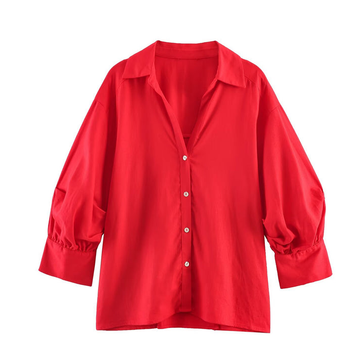 Damen Oversize-Bluse mit Ballonärmeln und Hemdkragen Drune