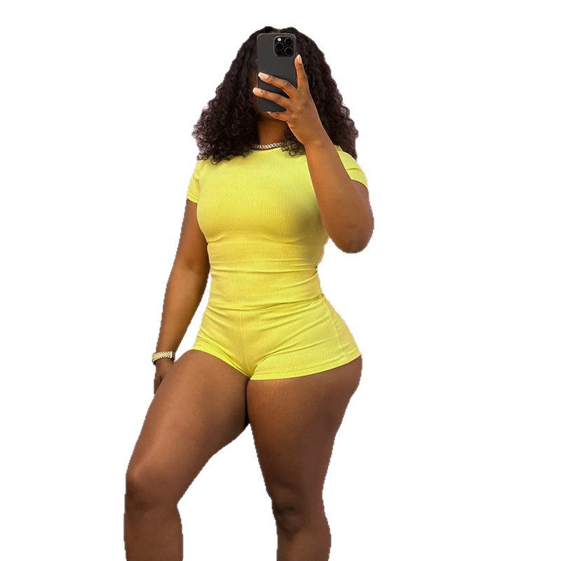 Damen Figurbetontes Jumpsuit mit kurzen Ärmeln und Rippenstruktur Drune