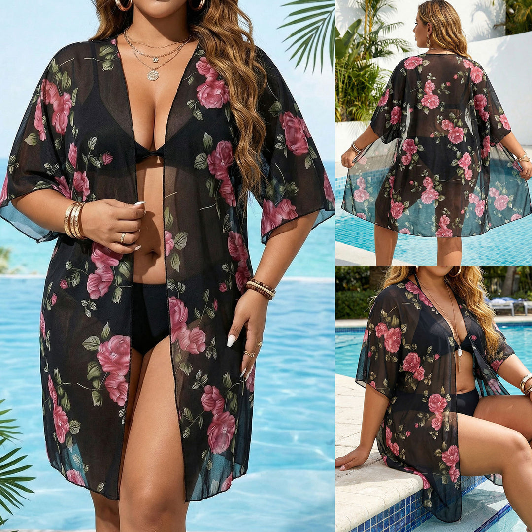 Damen transparenter Strandüberwurf mit floralen Mustern Drune
