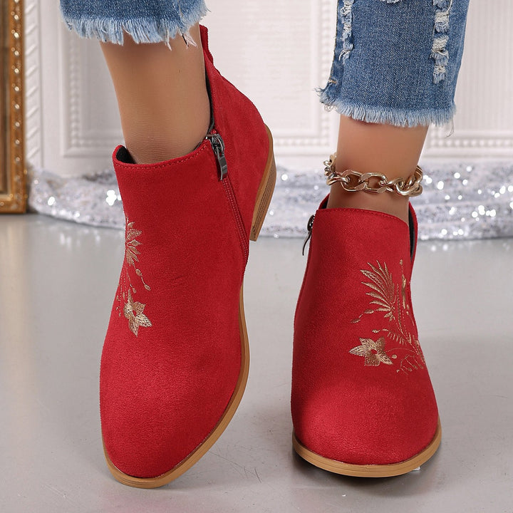 Damen Gestickte Ankle-Boots mit V-Cut und seitlichem Reißverschluss Drune
