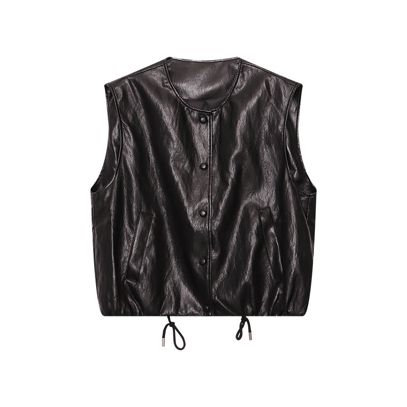 Damen lässige Weste aus veganem Leder mit Knopfdetails und praktischen Taschen Drune