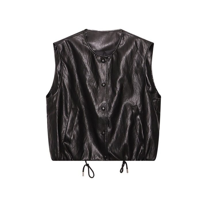 Damen lässige Weste aus veganem Leder mit Knopfdetails und praktischen Taschen Drune