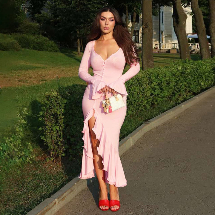 Damen Elegantes Maxikleid mit Rüschen und Knopfleiste Drune