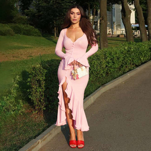 Damen Elegantes Maxikleid mit Rüschen und Knopfleiste Drune