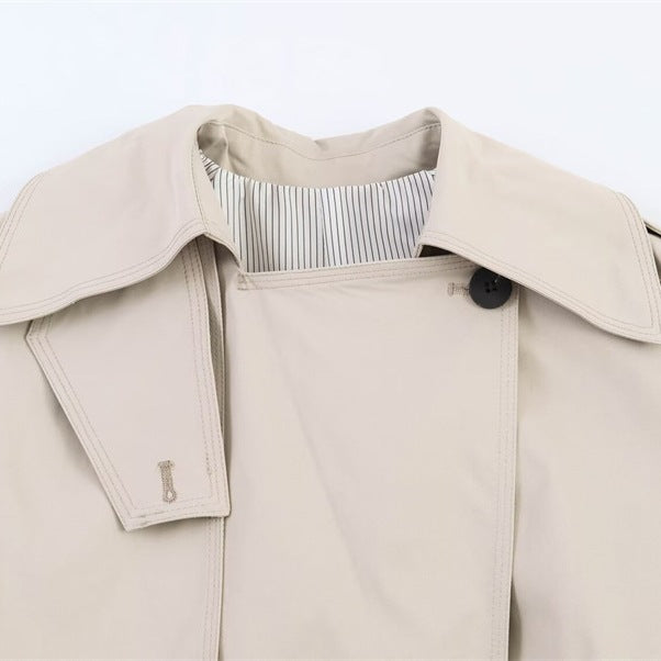 Damen Kurz geschnittener Oversized Trenchcoat mit Taillengürtel und doppelreihiger Knopfleiste Drune