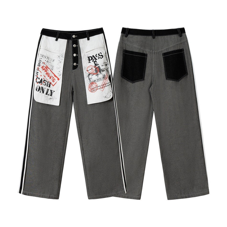 Damen Wide-Leg Cargo-Jeans mit aufgesetzten Grafik-Patches und Kontraststreifen Drune