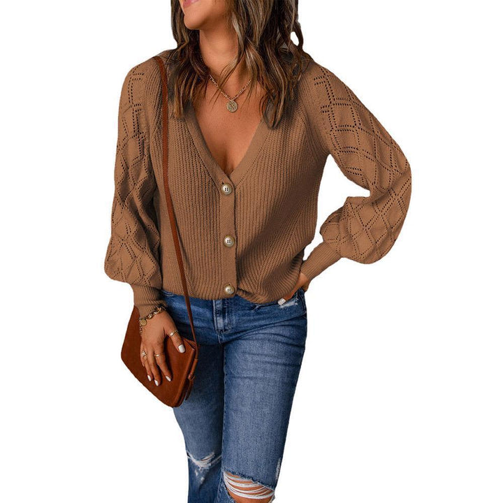 Damen Strickcardigan mit V-Ausschnitt, Zierknopfleiste und Ajourballonärmeln Drune