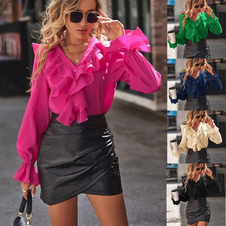 Damen Chiffon-Volantbluse mit V-Ausschnitt und gerafften Manschetten Drune