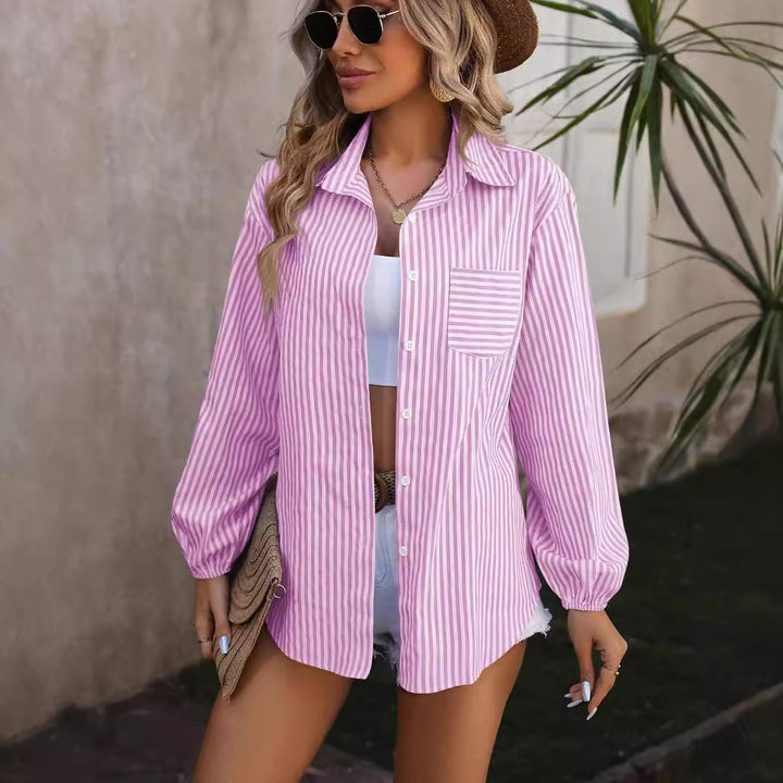 Damen Oversized Hemdbluse mit Streifen, Brusttasche und Ballonärmeln Drune