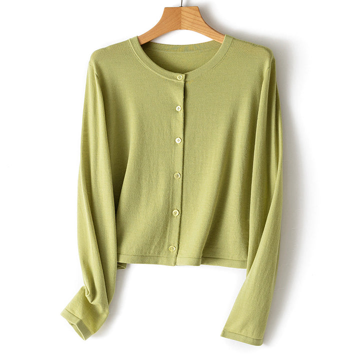 Damen leichte kurz geschnittene Feinstrick-Cardigan mit Rundhalsausschnitt und Knopfleiste Drune