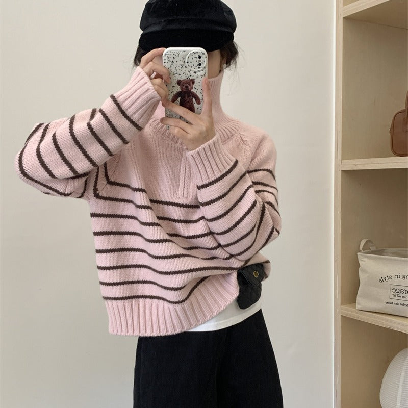 Damen Lässiger Pullover mit gestreiftem Design und halbem Reißverschluss Drune