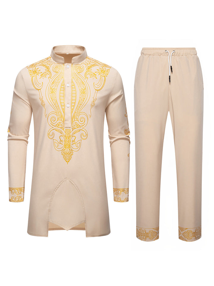 Herren Tunika Anzug mit Stehkragen und ornamentaler Goldapplikation Drune