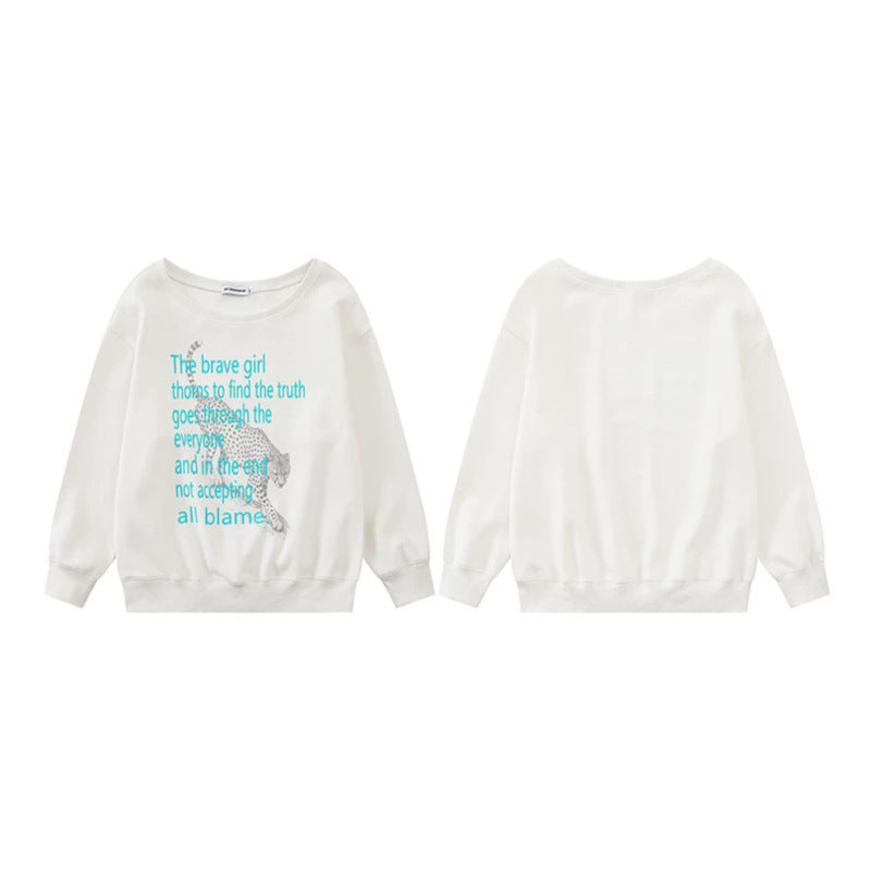 Damen Oversize-Sweatshirt mit Rundhalsausschnitt, typografischem Statement und Leoparden-Illustration Drune