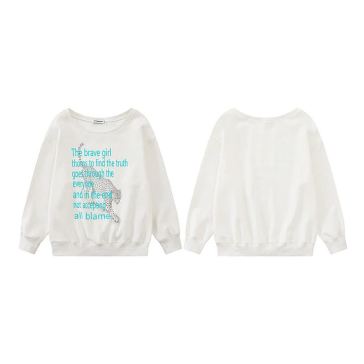 Damen Oversize-Sweatshirt mit Rundhalsausschnitt, typografischem Statement und Leoparden-Illustration Drune