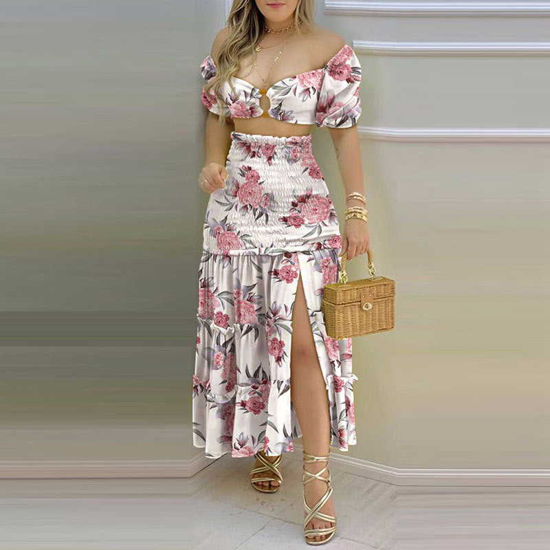 Damen Zweiteiliges Sommerkleid aus gecrashtem Stoff mit Puffärmeln und hohem Schlitz Drune