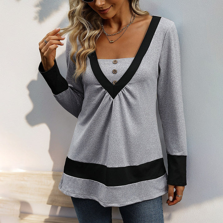 Damen Longsleeve mit tiefem V-Ausschnitt, Zierknopfleiste und Kontrastbordüren Drune