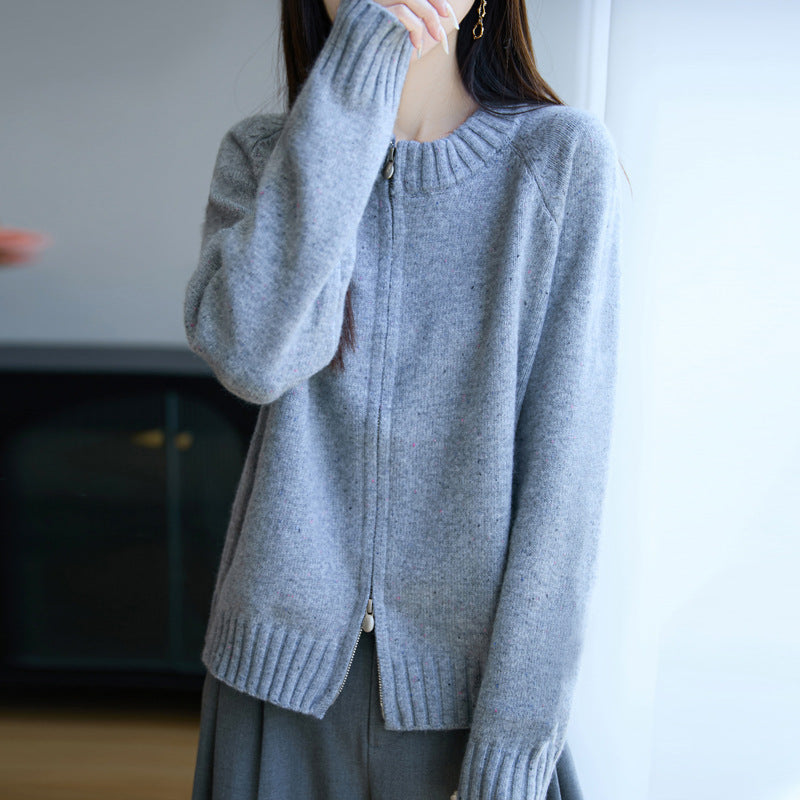 Damen Zip-Strickjacke mit Rundhalsausschnitt, feinem Nep‑Garn und gerippten Abschlüssen Drune