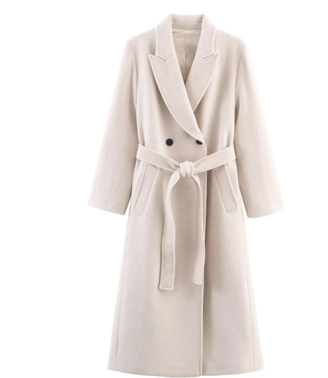 Damen 40+ eleganter knielanger Mantel mit Bindegürtel und doppelreihiger Knopfleiste Drune