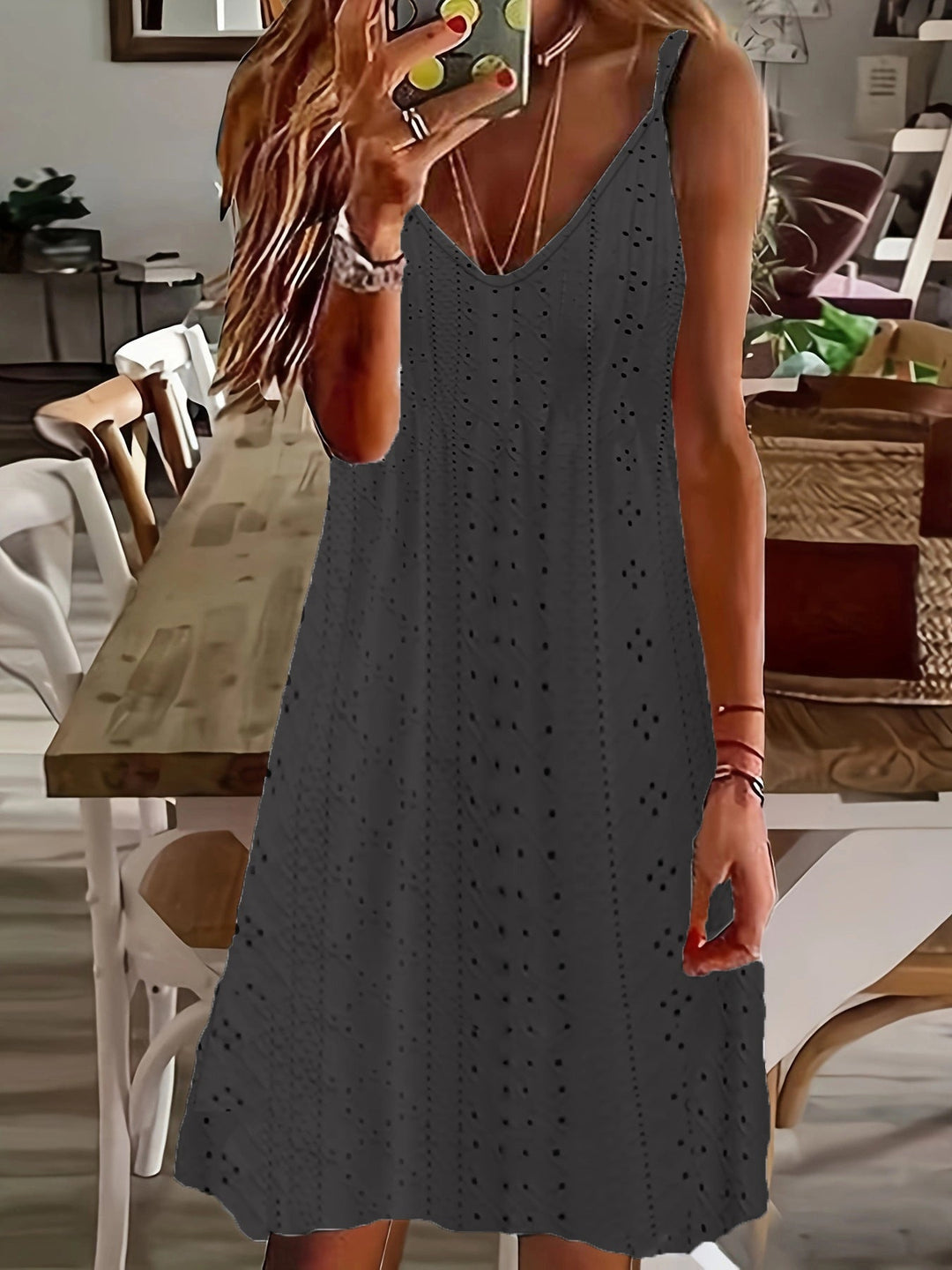 Damen Ärmelloses Sommerkleid mit dekorativem Lochmuster und V-Ausschnitt Drune